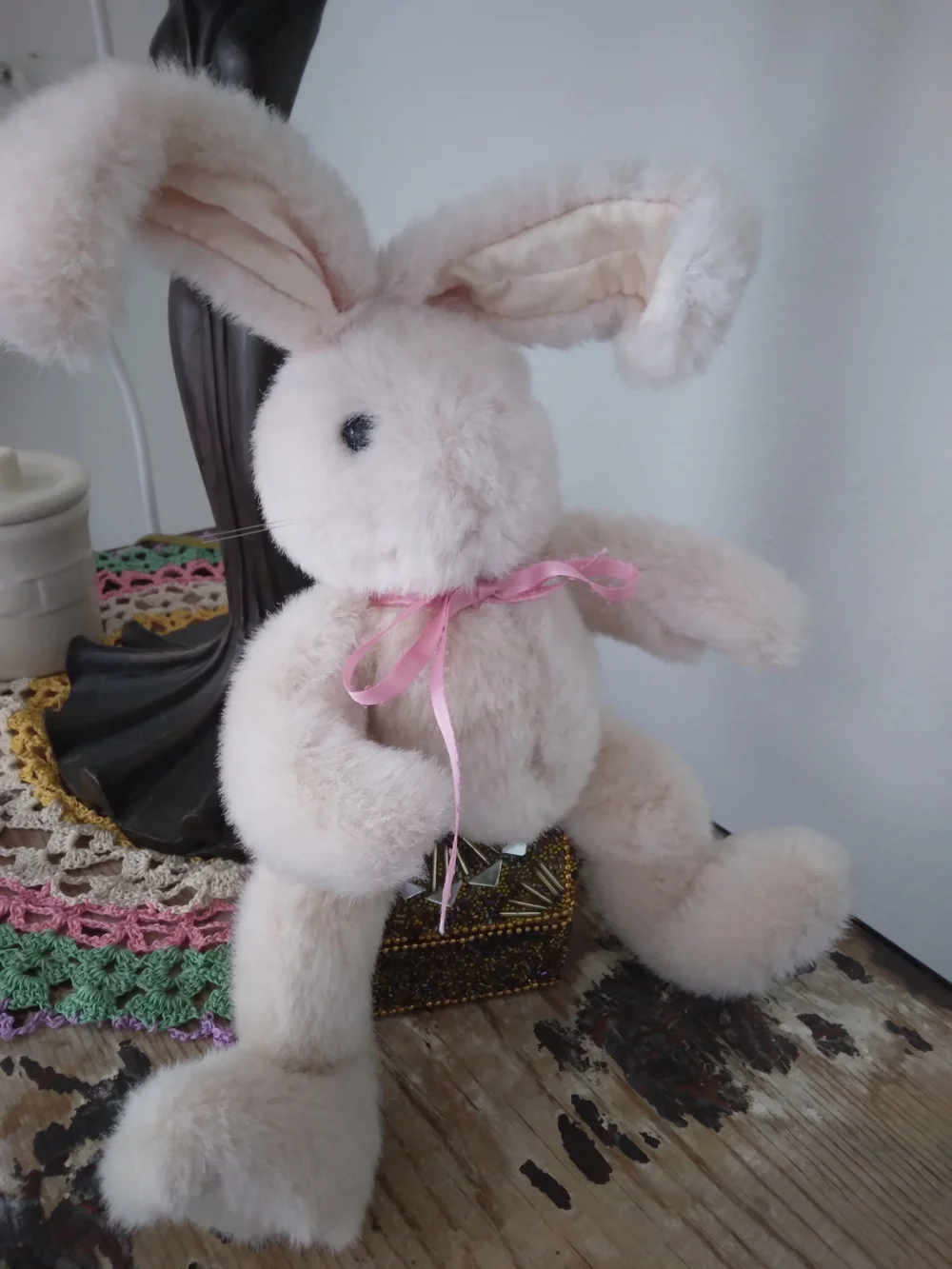 Vintage Plush Bunny in Cream with Pink Ribbon For Crafting and Decor